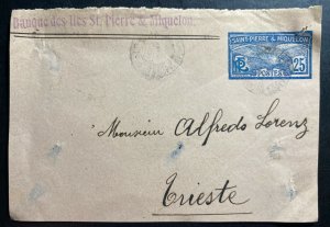 1920d St Pierre Miquelon Bank Postal Stationery Front cover to Trieste