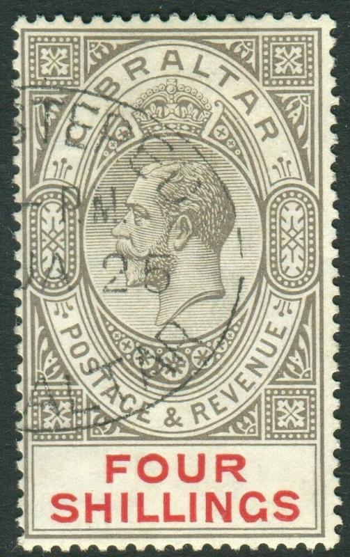 GIBRALTAR-1912-7 4/- Black & Carmine.  A very fine used example Sg 100