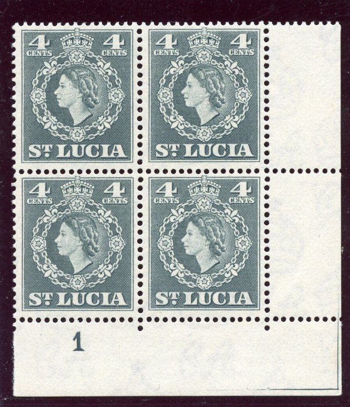 St Lucia 1953 QEII 4c slate plate 1 block superb MNH. SG 175 .