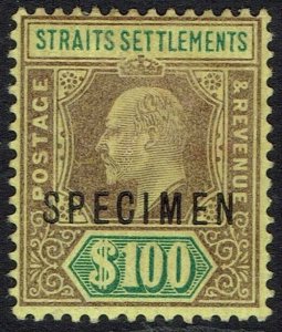 STRAITS SETTLEMENTS 1902 KEVII SPECIMEN $100 WMK CROWN CA 