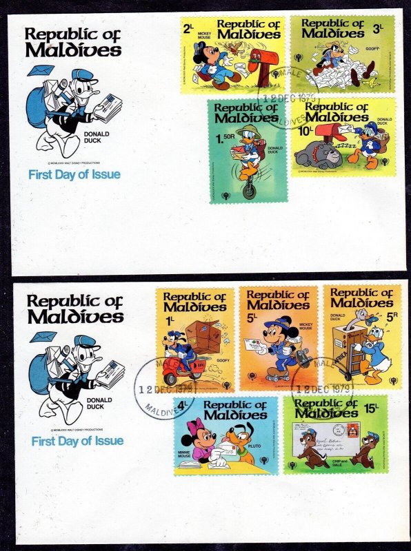 MALDIVES #826-835 1979 DISNEY POSTAL SCENES MINT VF NH O.G 3 FDCs