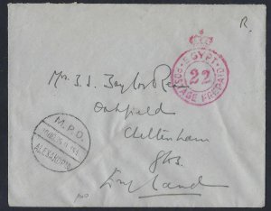 EGYPT UK 1935 MILITIARY POST OFFICE ALEXANDRIA POSTAGE PREPAID IN RED TO CHELTEN