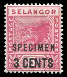 Malayan States - Selangor #28S (SG 53s) Cat£35, 1894 3c on 5c Tiger, overpri...