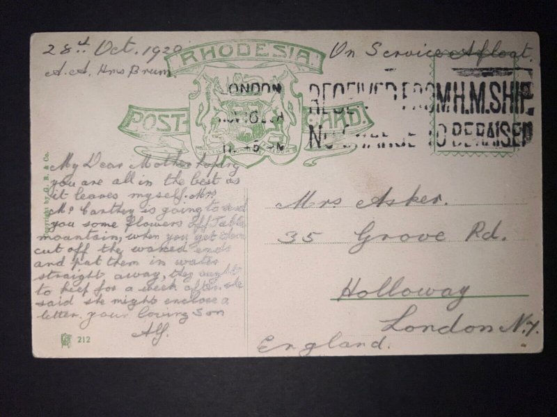 1920 Rhodesia Ship Postcard Cover HM Ship to Holloway London England