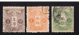 Japan 1914 1/2s, 1s, & 2s, Scott 127-128, 130 used, value = 80c