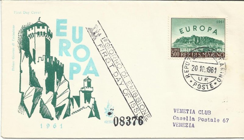 San Marino - Europe '61 on envelope FDC Venetia club Venezia