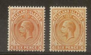 Falklands 1912-20 GV 6d Shades Mint Cat£30 (2v)