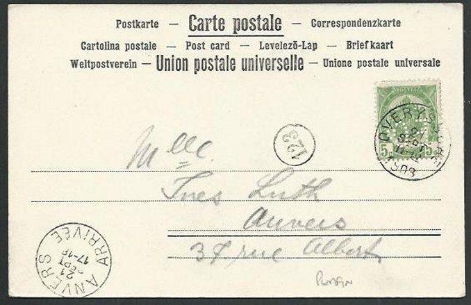 BELGIUM 1903 private postcard with 5c E Co PERFIN..........................61177