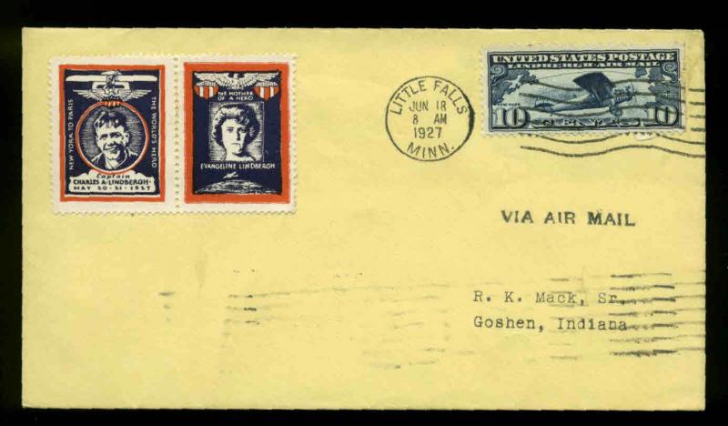 C10 LINDBERGH FDC LITTLE FALLS,MN  PLANTY P13 LINDBERGH TRIBUTE LABEL CACHET