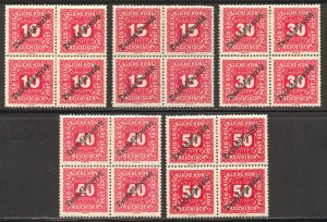 Austria Scott J65-J66,J69-J71 Unused HOG Blocks of 4 - SCV $5.20