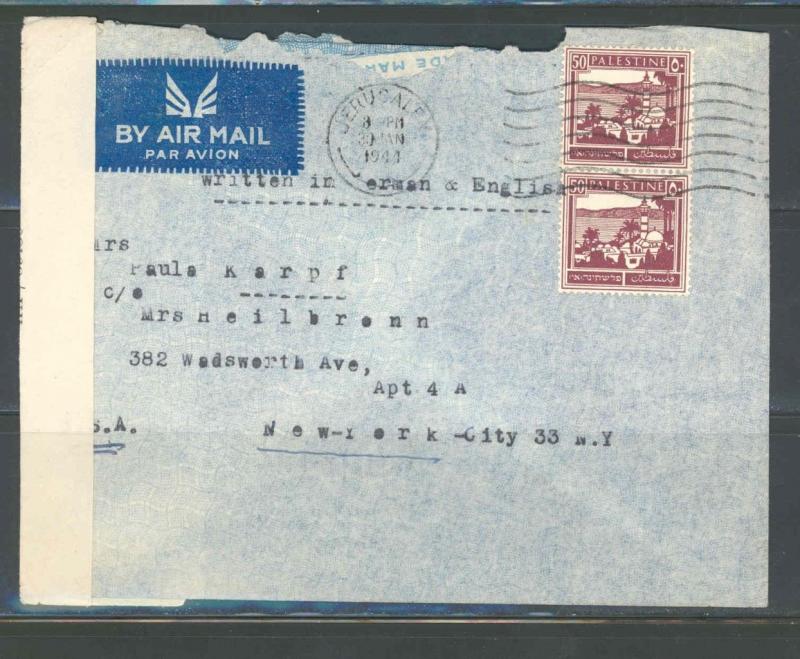 ISRAEL PALESTINE PICTORIALS CENSORED COVER JERUSALEM 1/30/1944 TO NEW YORK