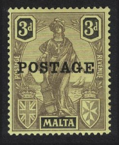 Malta 'POSTAGE' Ovpt 3d. - black on yellow 1926 MNH SG#149