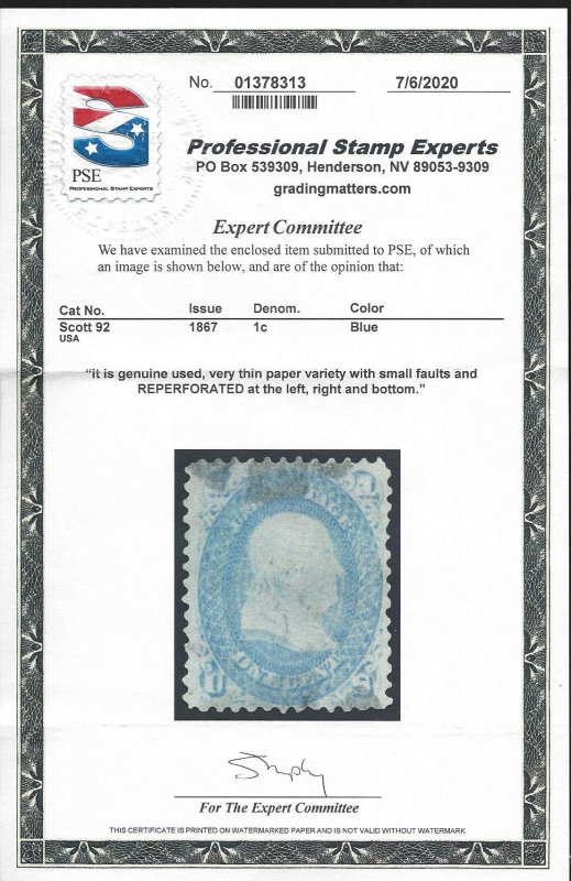 92a Used... PSE Cert... SCV $750.00... Very thin paper variety