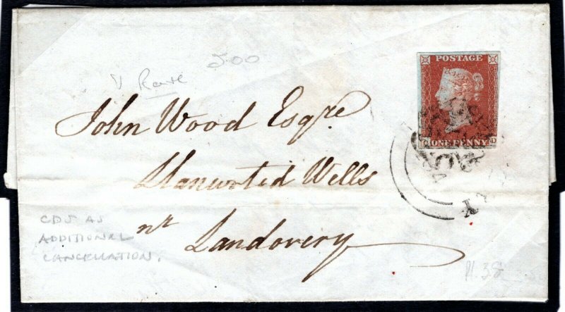 GB Wales Cover CDS Additional Cancel Llandovery MX 1d Red 1844 MC132a