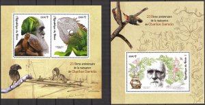 Benin 2019 Science Charles Darwin Lizards Ships Birds Parrots 2 S/S MNH