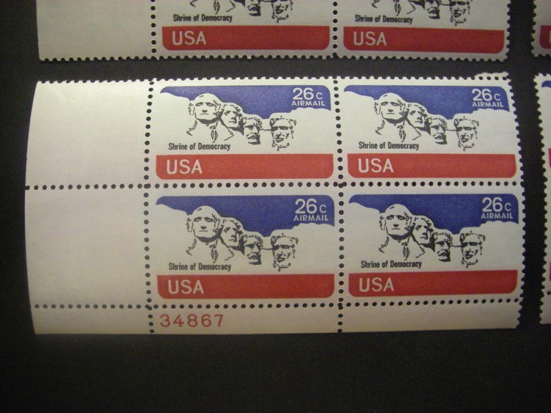 Scott C88, 26c Mt Rushmore, PB4 #34867 x4, Matched Set, MNH Airmail Beauties