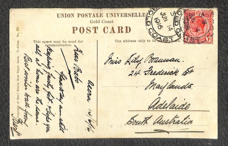 GOLD COAST RIVER DENSU 70 STAMP ACCRA TO ADELAIDE SOUTH AUSTRALIA POSTCARD 1916