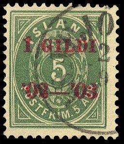 Iceland #45var, 1902-03 5a green, red overprint, perf. 13, without watermark ...