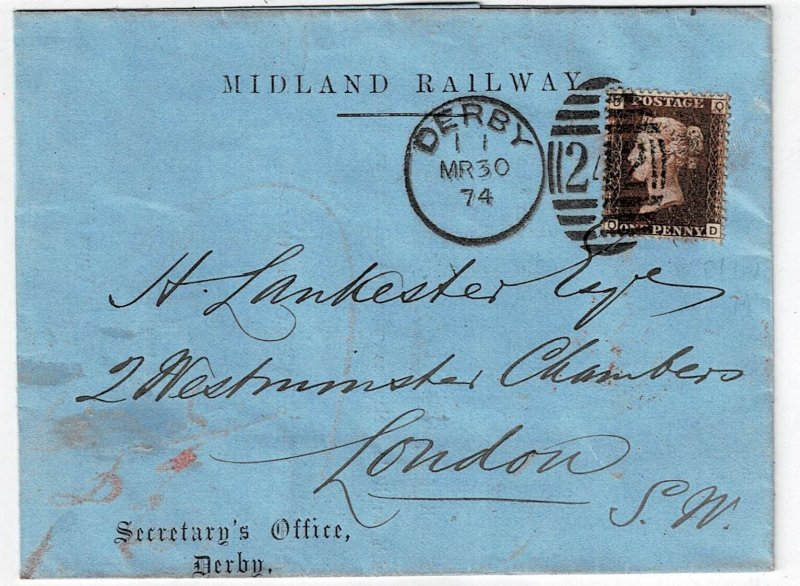 Great Britain 1874 Derby cancel on Midland Railway cover, 1d Penny Red, pl. 120