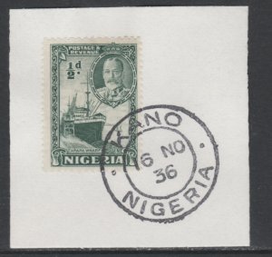 NIGERIA 1936 KG5 PICTORIAL 1/2d  on piece with MADAME JOSEPH  POSTMARK