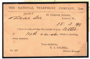 GB RARE Early *NATIONAL TELEPHONE CO* Stationery 1899 Card Squared Circle T163a