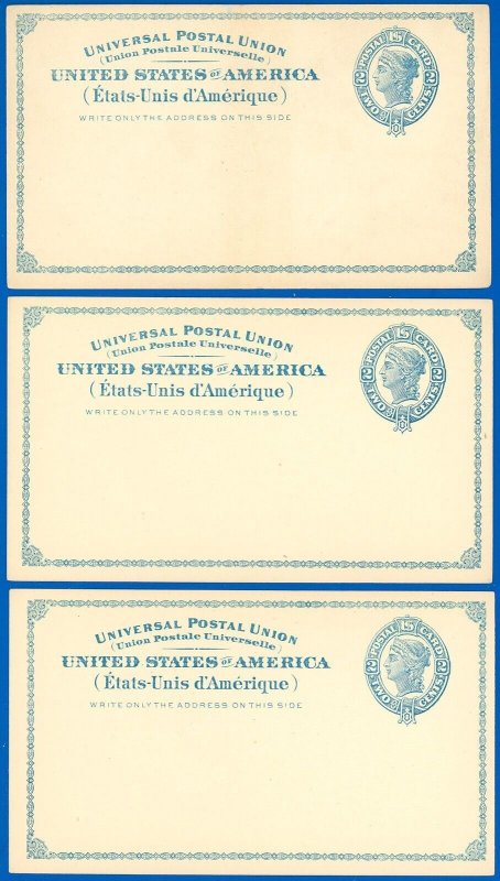 1879 Mint LOT/3 Postal Cards #UX6 Pale Blue, NEAR PRISTINE CONDITION! SCV $105