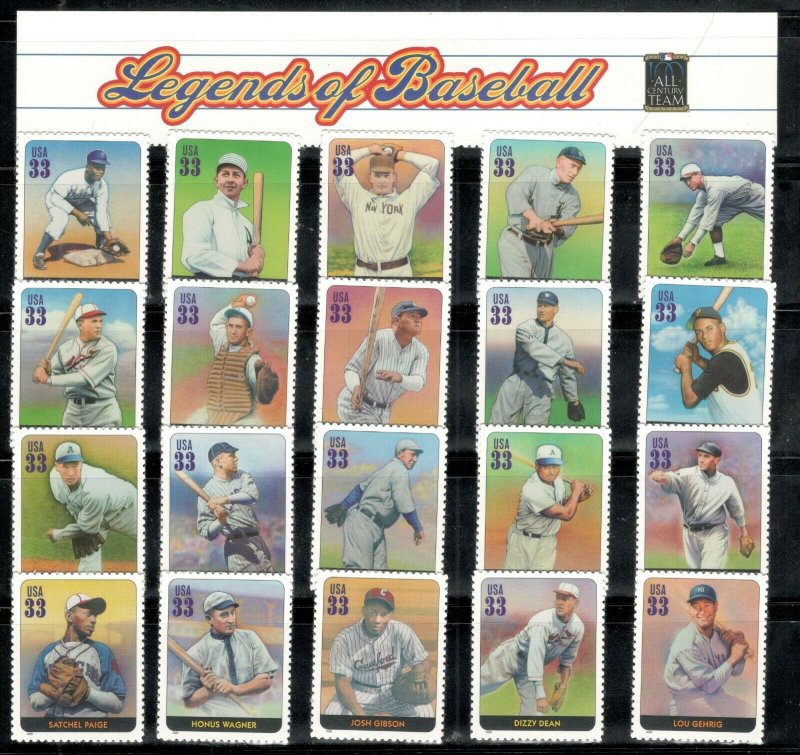 3408 (a-t) Legends Of Baseball 20 Singles With Header MNH FREE SHIPPING (A-424)