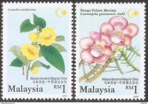 2002 MALAYSIA-CHINA JOINT ISSUES RARE FLOWERS 2V STAMP WITH YELLOW POINT