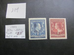 LIECHTENSTEIN 1951 MNH  SC 259a-260a SET PERF. 14 XF $625 (214)