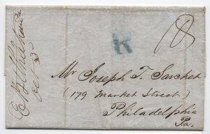 1846 East Bethlehem PA manuscript stampless Philadelphia R handstamp [H.3692]