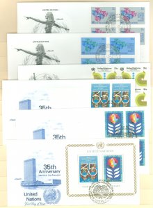 United Nations 318-19/321/322-324 1980 Women decade, peace keeping, UN 35th anniversary FDCs, artmaster cachets