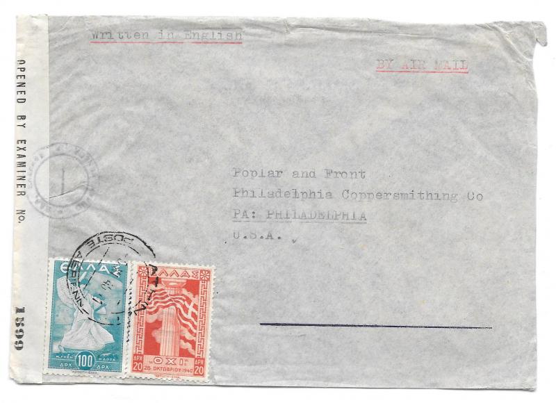 Greece Censored Cover 1945 WWII Air to US Sc 465 467 Censor Tape Examiner 1399