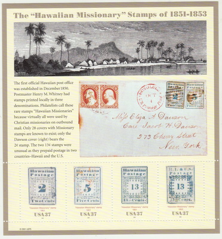 2002 U.S 37¢ Hawaiian Missionary Stamps complete sheet MNH Sc# 3693