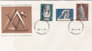 Greece 1967 Triangle & Tools Pic Two Cancels Three Statue Stamps Cover Ref 27429