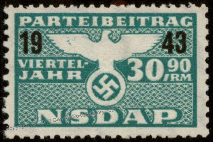 Germany 1943 30.90RM NSDAP Nazi Party Dues 1/4Yr Viertel Jahre Stamp MNG 96209