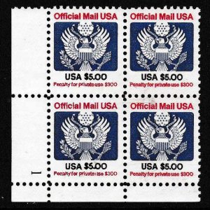 United States 1983 Scott O133 $5.00 Official Mail Eagle Plate Number Block Nr.1