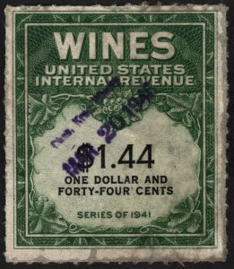 RE147 $1.44 Wine Revenue Stamp (1942) Used