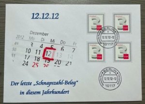 (443) GERMANY 2012 : Mi# 2967 (4x) - COMM COVER 12.12.12-12 SPECIAL DATE - VF