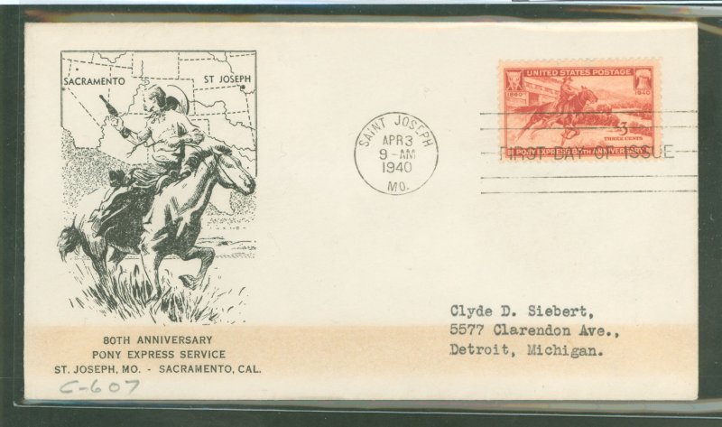 US 894 1940 3c Pony Express 80th Anniv. single on an addressed typed FDC with a St. Joseph MO machine cancel with an unkown cach