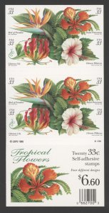 1999 U.S. Scott #3313b 33ct Tropical Flowers Booklet Pane of 20 MNH