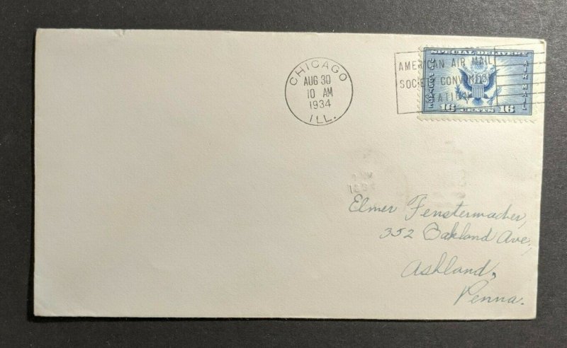 1934 Chicago Illinois FDC Airmail Cover Ashland PA American Airmail Cancel