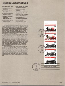 USPS SOUVENIR PAGE STEAM LOCOMOTIVES BOOKLET PANE OF (5) 1994