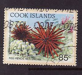 Cook Islands-Sc#1076-used 85c Red Pencil Sea Urchin-1992-4-