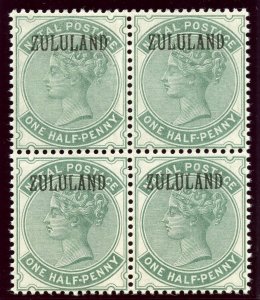 Zululand 1888 QV ½d green (without stop) in block superb MNH. SG 13. Sc 12a.