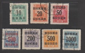 China 1949 Gold Yuan Currency on Parcel Post Stamp (7v Cpt) Fine Used