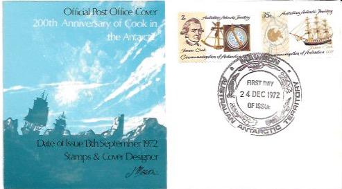 Australian Antarctica FDC #L21-22. 1972.  Ship, compass, map. James Cook.