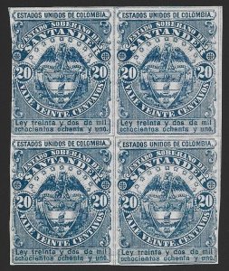 Colombia SANTANDER Revenue 1881 20c Blue BLOCK VF-HR