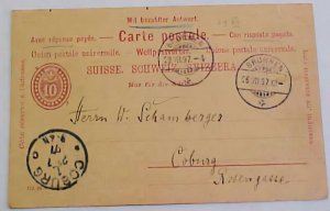 SWITZERLAND RETURN POSTAL CARD DOUBLE 1897 BRUNNEN TO COBURG & RETURN ATTACHED