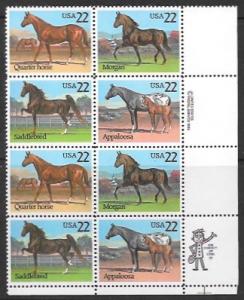 US #2155-58 MNH Zip Code & USPS Block of 8. Horses. Morgan, Appaloosa, Quarter..