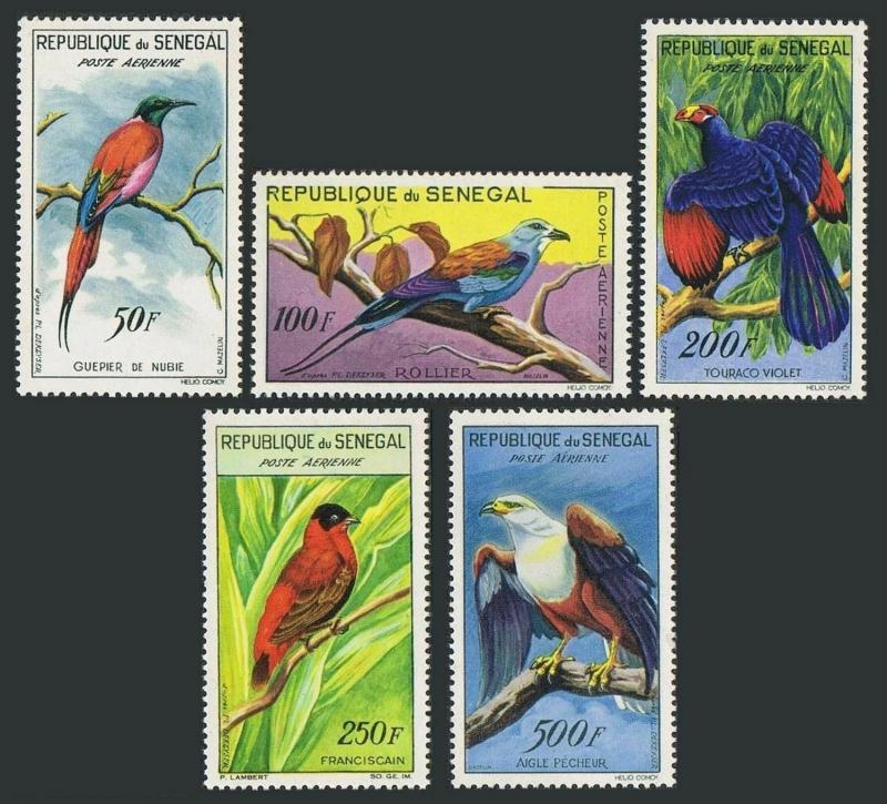 Senegal C26-30,lightly hinged. Bee-eater,Roller,Touraco,Red bishop.Fish eagle.